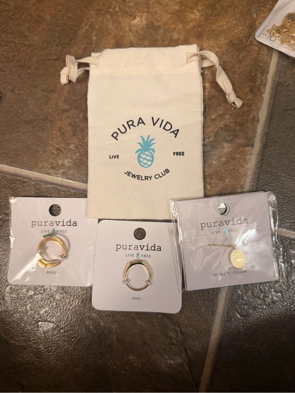 Pura Vida Gold Tone Ring Trio with Pendant Necklace